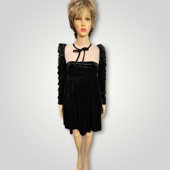 Chelsea & Violet Black Velvet Empire Waist Nude Mesh Hi Neck Ruched Sleeve - Picture 4 of 9